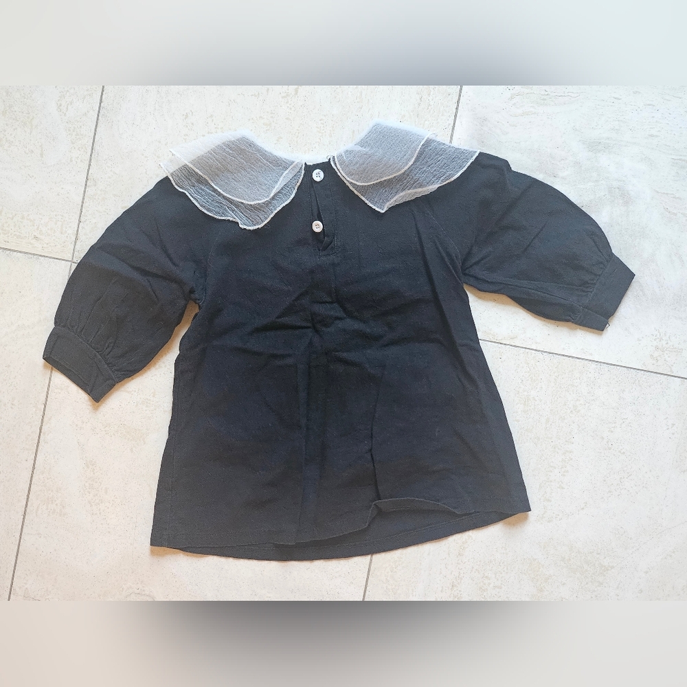 Black Kids Shirt with Large Scalloped Sheer White Collar
